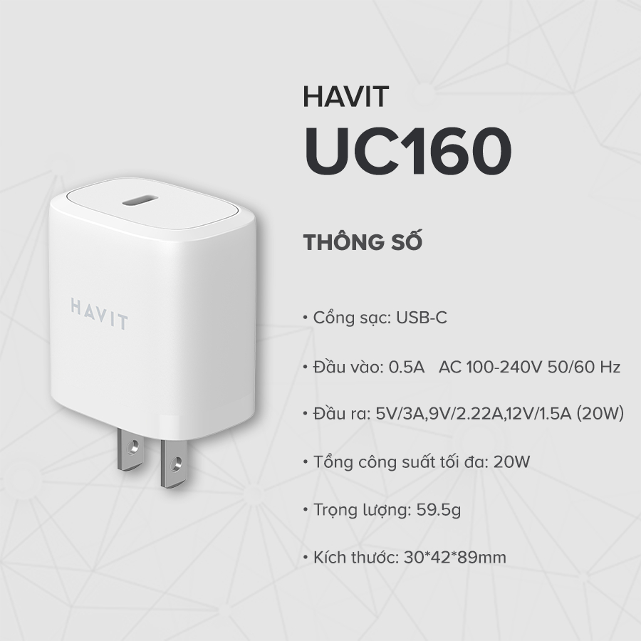 Combo Sạc Nhanh 20W HAVIT, Cốc Sạc Nhanh UC160 + Cáp C-L CB6154 - Hàng Chính Hãng