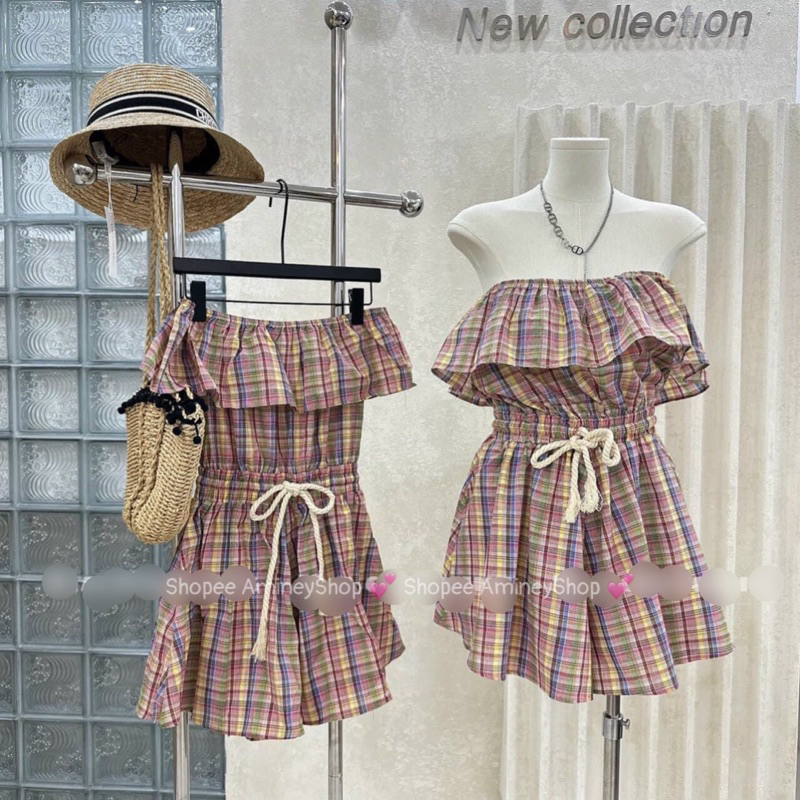 Áo trễ vai liền quần xoè giả váy sang chảnh , chất thô kẻ hót Tôn dáng kèm ảnh thật Amineyshop