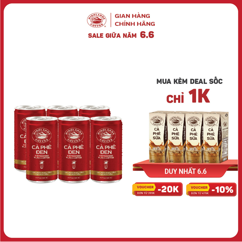 6.6 SĂN DEAL 1K - VOUCHER GIẢM THÊM 10% - Lốc 6 Lon Cà Phê Đen Highlands Coffee 185ml/lon
