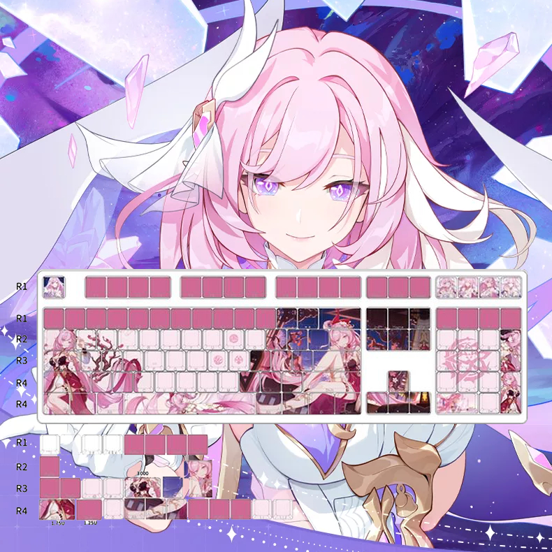 Keycap Honkai Impact 3 Elysia thick PBT ninja xuyên led in dyesub 5 mặt 135 phím anime layout keycaps Genshin Impact