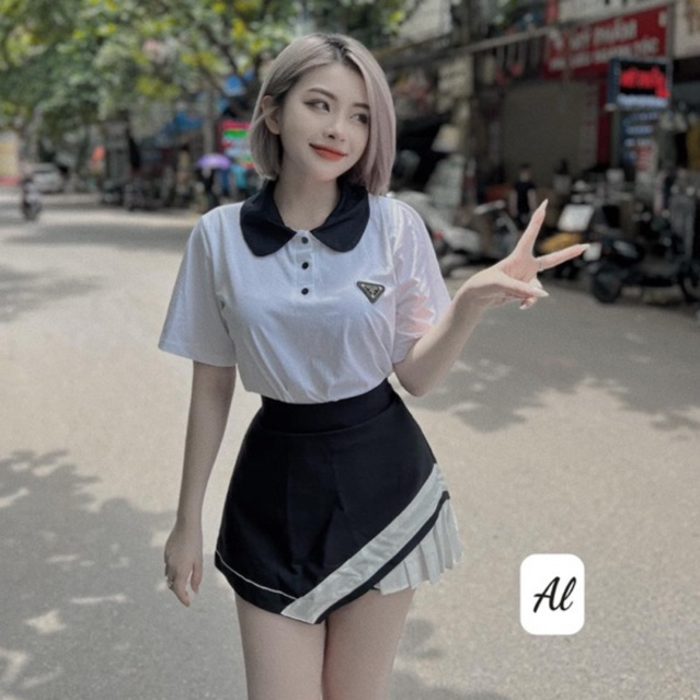 Sét đồ nữ đi chơi váy dự tiệc áo phông Pradaa chất đẹp kèm chân váy ngắn phối trắng siêu xinh, sét nude chân váy ngắn