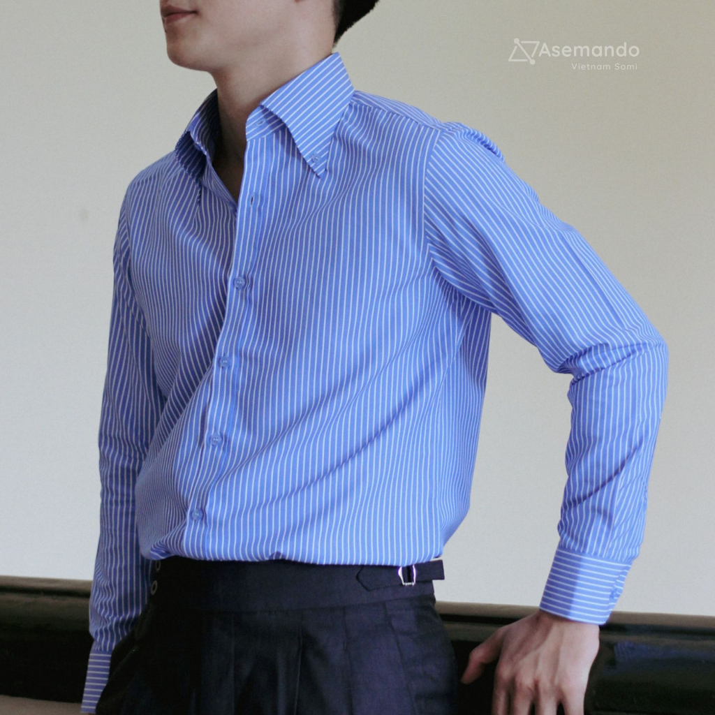 Buttondown Sơ mi nam kẻ xanh bản cổ 10.5cm dài tay Asemando không nhăn Sơ mi cổ điển Sartorial
