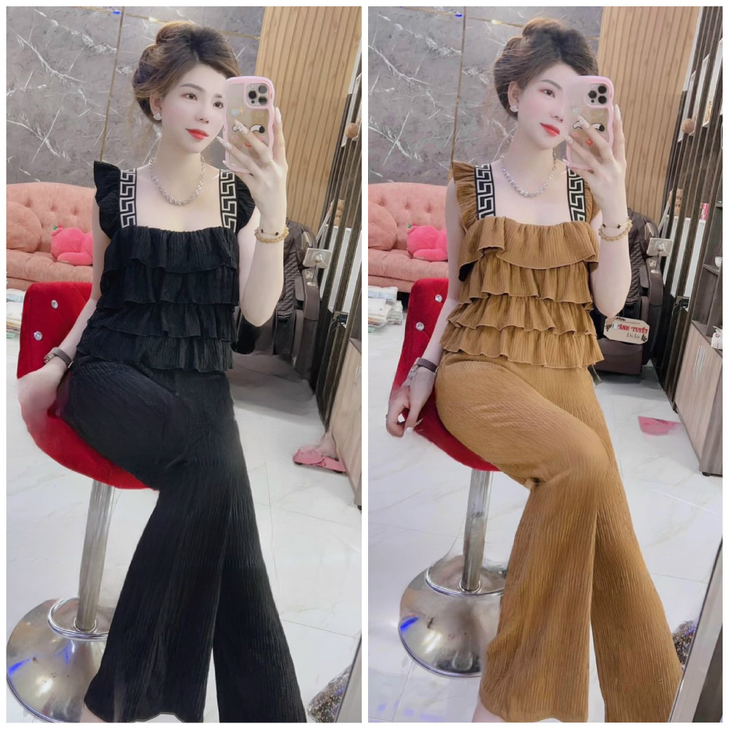 Set đồ bộ nữ áo tay cánh tiên xốp tầng mix quần dài trẻ trung, năng động dành cho các nàng mặc nhà, đi dạo siêu xinh.