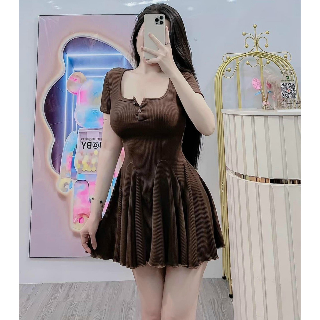 Set đầm váy nữ tay ngắn cổ vuông gài nút mix dáng váy xòe kèm quần dành cho các nàng mặc nhà, đi dạo siêu xinh,trẻ trung