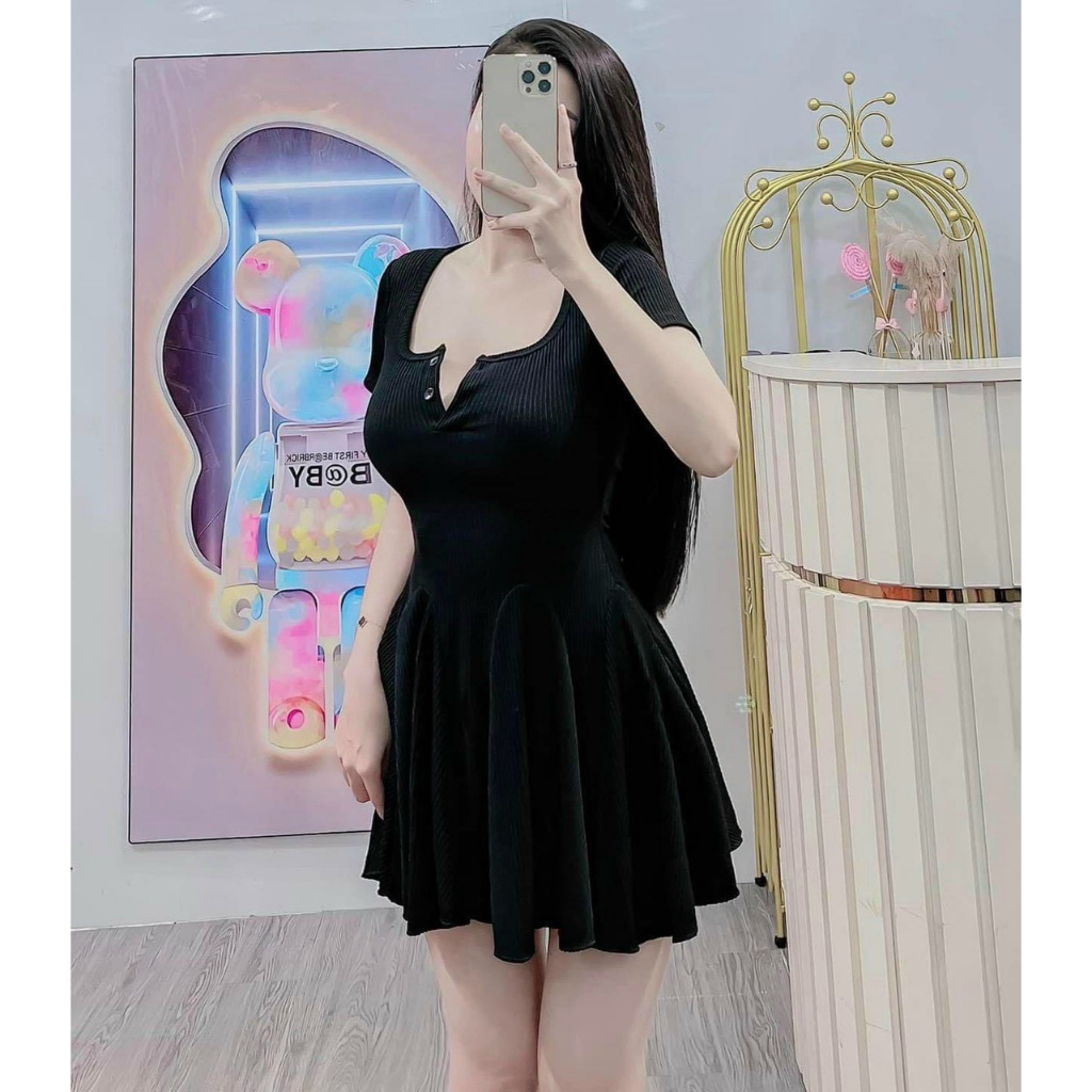 Set đầm váy nữ tay ngắn cổ vuông gài nút mix dáng váy xòe kèm quần dành cho các nàng mặc nhà, đi dạo siêu xinh,trẻ trung