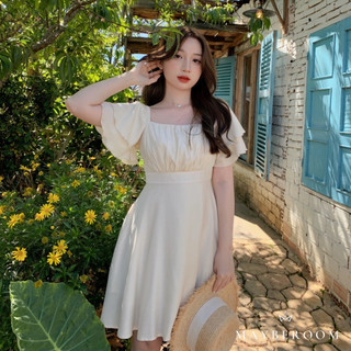 Váy đũi tằm be cổ vuông tay dơi chiết eo xoè a dáng ngắn nàng thơ Galleria dress Mayberoom