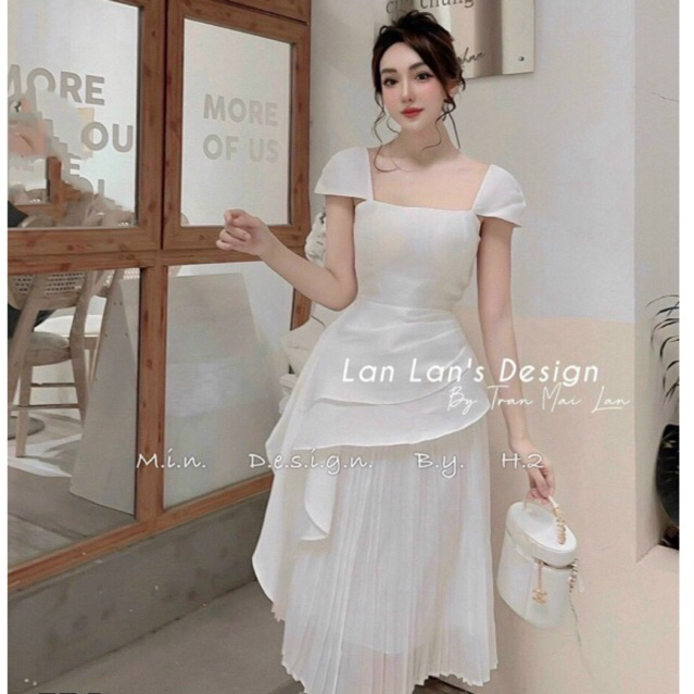 Đầm váy nữ dáng dài sang chảnh màu trắng vải tacta loại 1 thiết kế dáng dài dập ly liền sang trọng