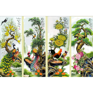  mn0265. vs8152  150x100  cm tranh thêu chữ thập phong cảnh tứ quý Tùng cúc trúc mai xuân hạ thu đông chưa thêu handmade 