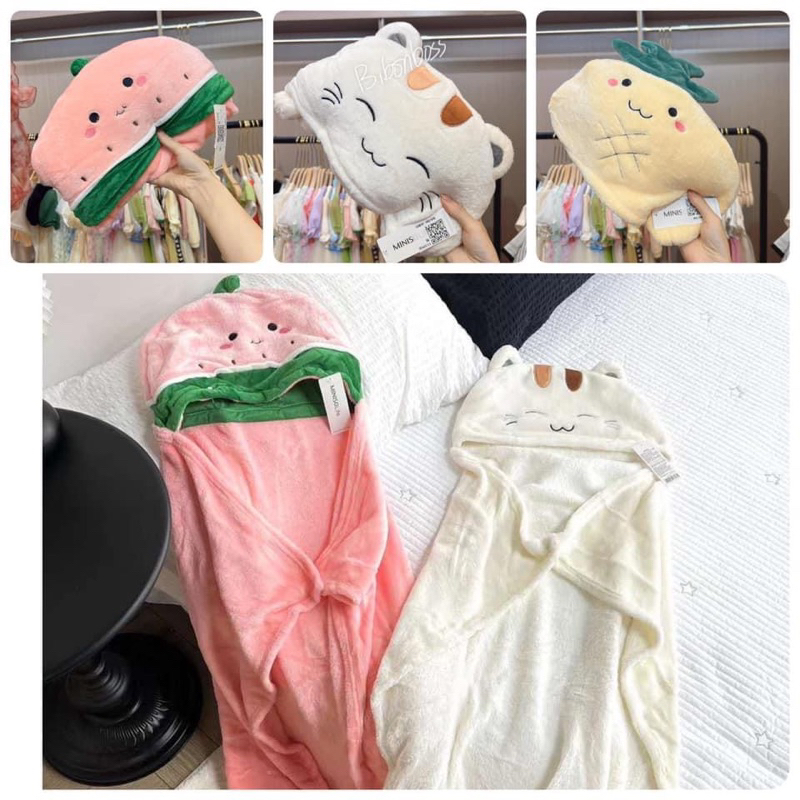 (6/6 new)Miniso Nhật! Chăn đắp điều hoà kèm mũ, khăn choàng có mũ vải băng lông siêu mềm mịn