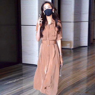 Đầm sơ mi suông kem đậm kèm belt