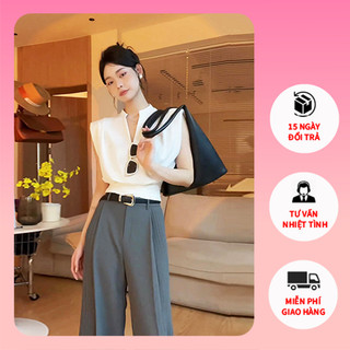 Set Đồ Nữ, Áo Thun Nữ Tay Ngắn, Cỗ Chữ V + Quần Ống Rộng Nữ, Cạp Cao.Thời Trang Xuân Hè 2023.