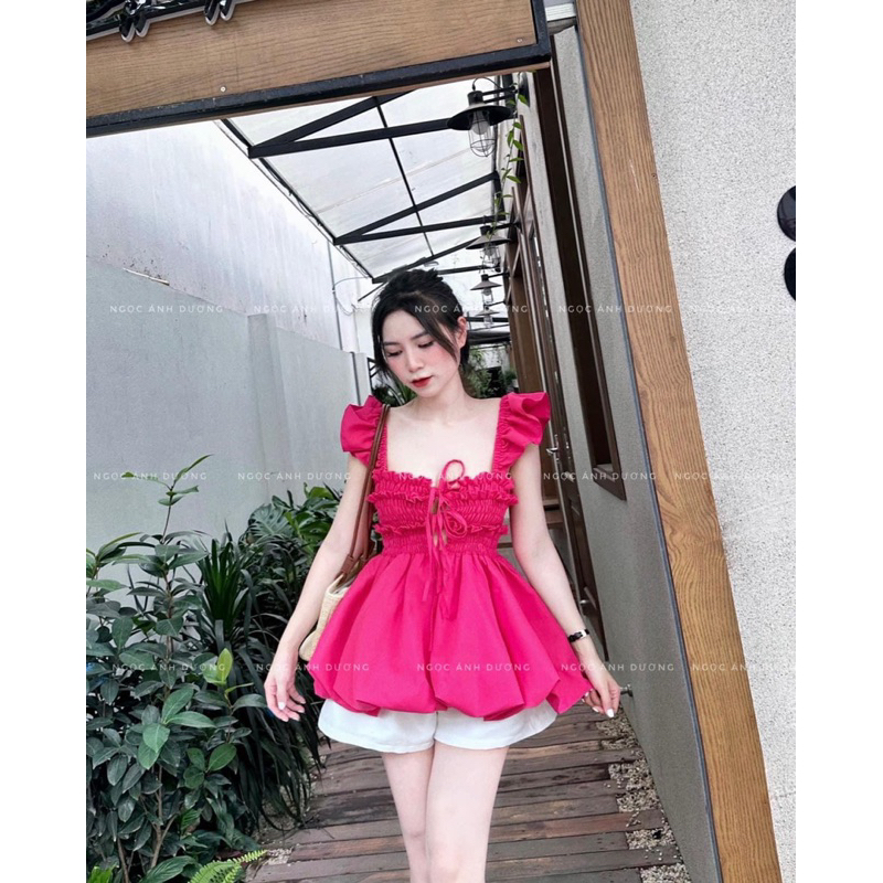 Set Áo Thô Cánh Tiên Chun Ngực Buộc Nơ Dáng Phồng Mix Quần Đùi Tacta 3 Màu Siêu Xinh