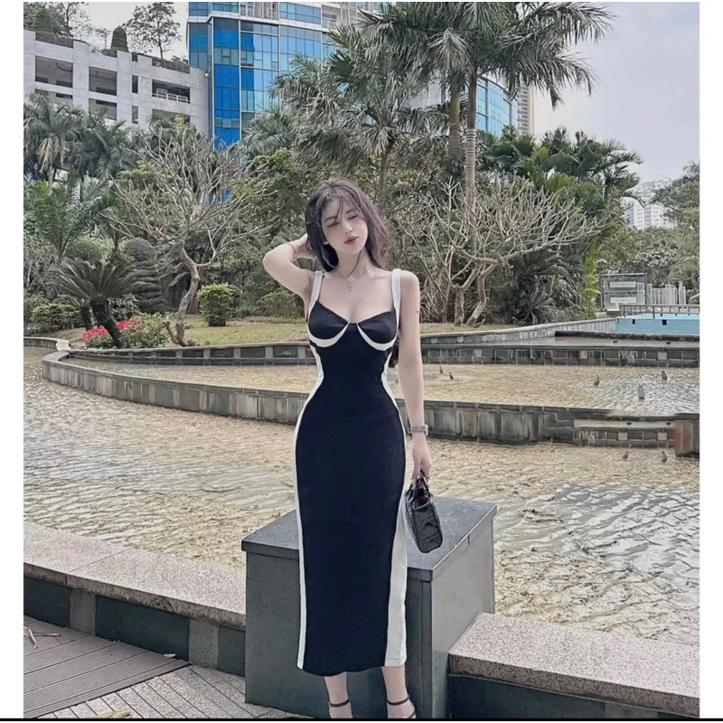 Đầm váy body đường sọc gân tăm có mút cực kì sang chảnh thích hợp mùa hè