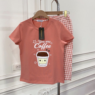 Bộ mặc nhà nữ mùa hè, áo cotton cộc tay quần ngố kẻ