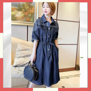 Đầm jean denim phối caro, đầm jean nữ, đầm xòe dạo phố cá tính