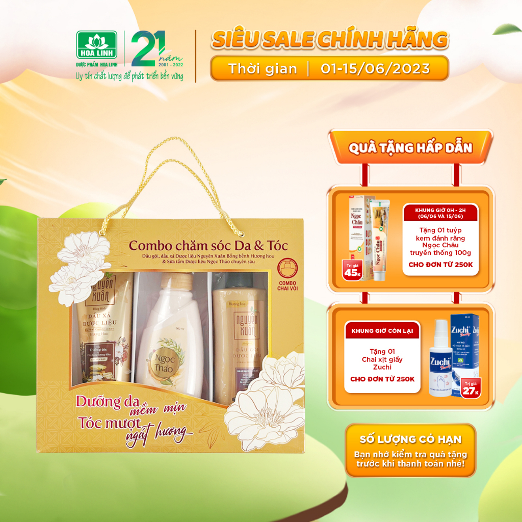 Combo chăm sóc Da & Tóc (1 ST Ngọc Thảo chuyên sâu 300ml, 1 DG Nguyên Xuân bồng bềnh 250ml, 1 Dầu xả bồng bềnh 180ml)