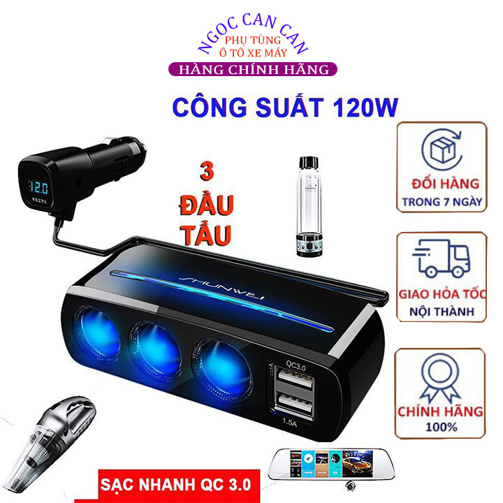 Bộ Chia Tẩu Sạc Ô Tô ,Xe Hơi ShunWei 3 Tẩu - 2 Usb Kép QC 3.0 Công Suất 120W Kết Hợp Led Sang Trọng