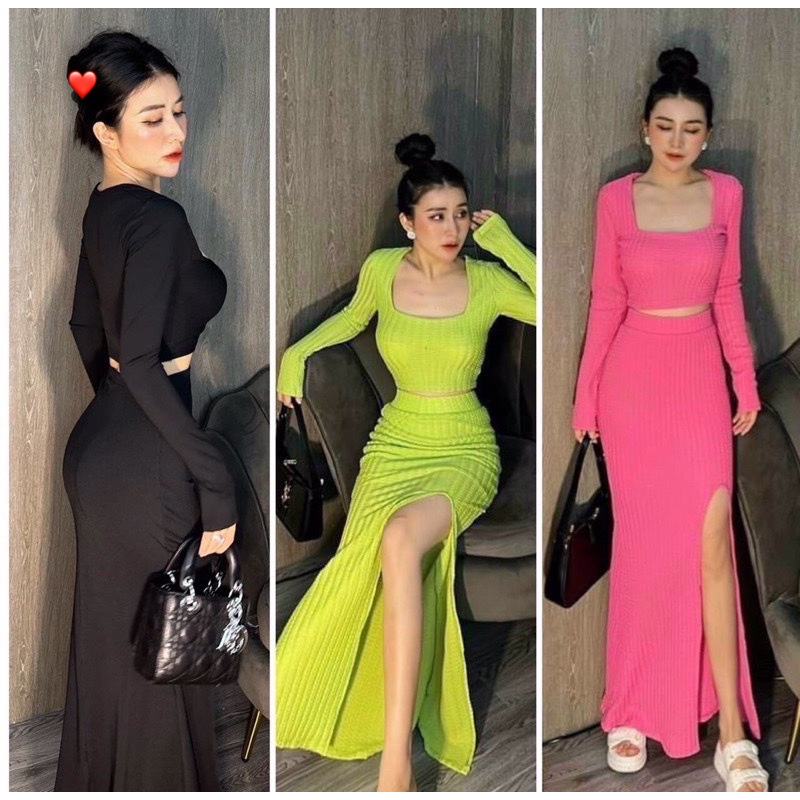 Sét bộ áo cổ vuông tay dài croptop trơn phối chân váy dài xẻ tà cao cực hot , chất thun gân mềm mịn