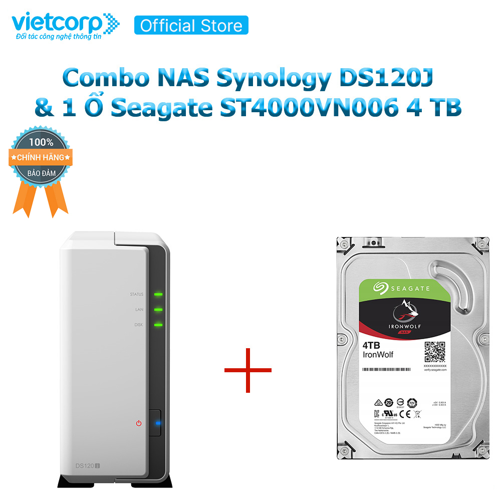 [Khuyến Mãi Combo] Thiết bị lưu trữ NAS Synology DS120J và 1 Ổ cứng Seagate ST4000VN006 4 TB