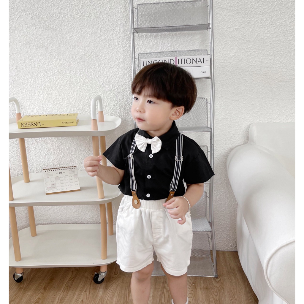 Bộ quần áo sơ mi công tử cho bé trai từ 1 2 3 4 5 tuổi MINTSCLOSET Mint's Closet gồm 2 màu trắng và đen - TN3201