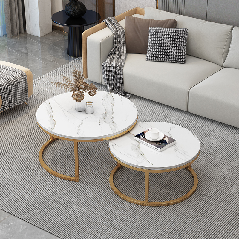 Bàn trà đôi Bộ bàn trà sofa đôi tròn khung vàng kính trắng cao cấp xịn xò