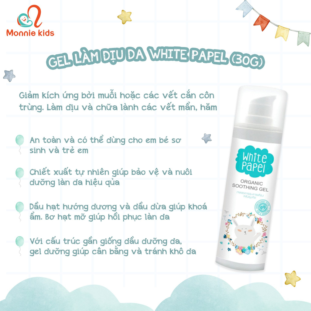 Gel làm dịu da White Papel cho bé 30g, kem dưỡng da trẻ em chiết xuất tự nhiên - Monnie Kids