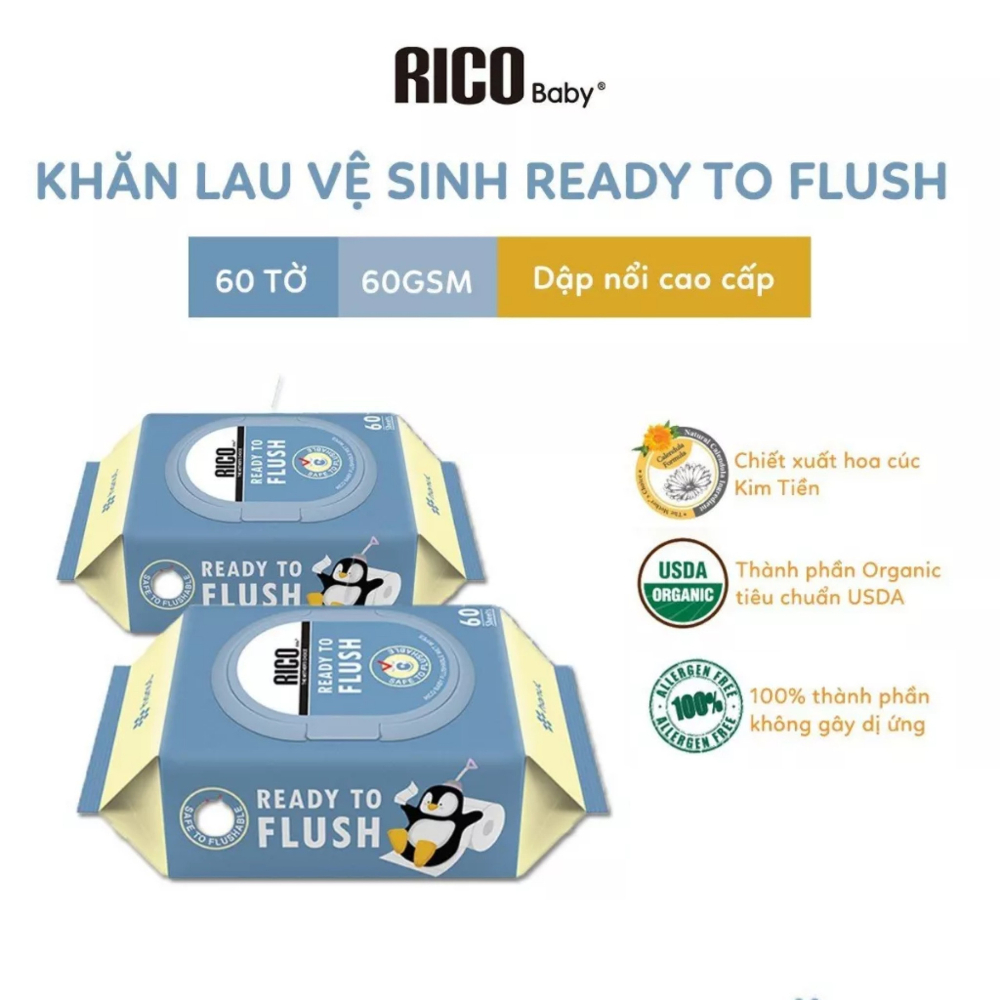 Khăn Ướt Tự Tan Vệ Sinh Em Bé RICO Ready To Flush Tan Trong Nước, An Toàn Cho Làn Da Bé 60 Tờ
