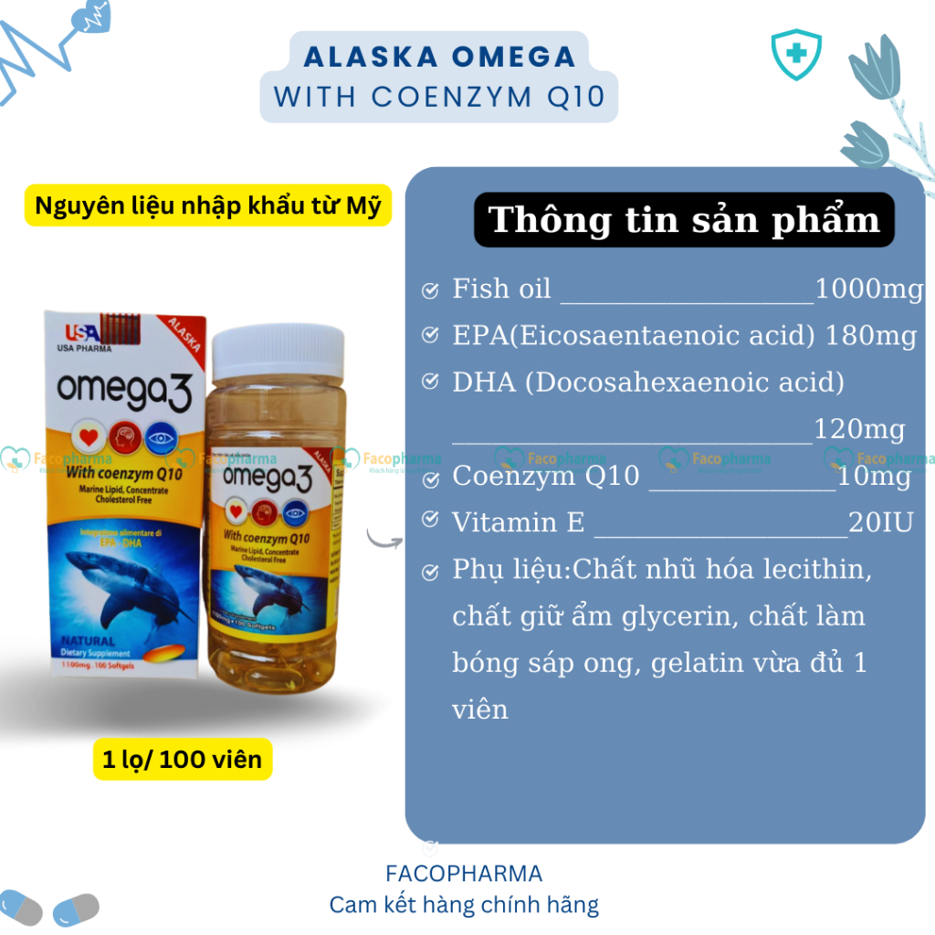 Omega 3 alaska viên dầu cá hỗ trợ hệ tim mạch, trí não, tăng cường thị lực, sáng mắt, giảm nguy cơ về tim mạch hộp 100v