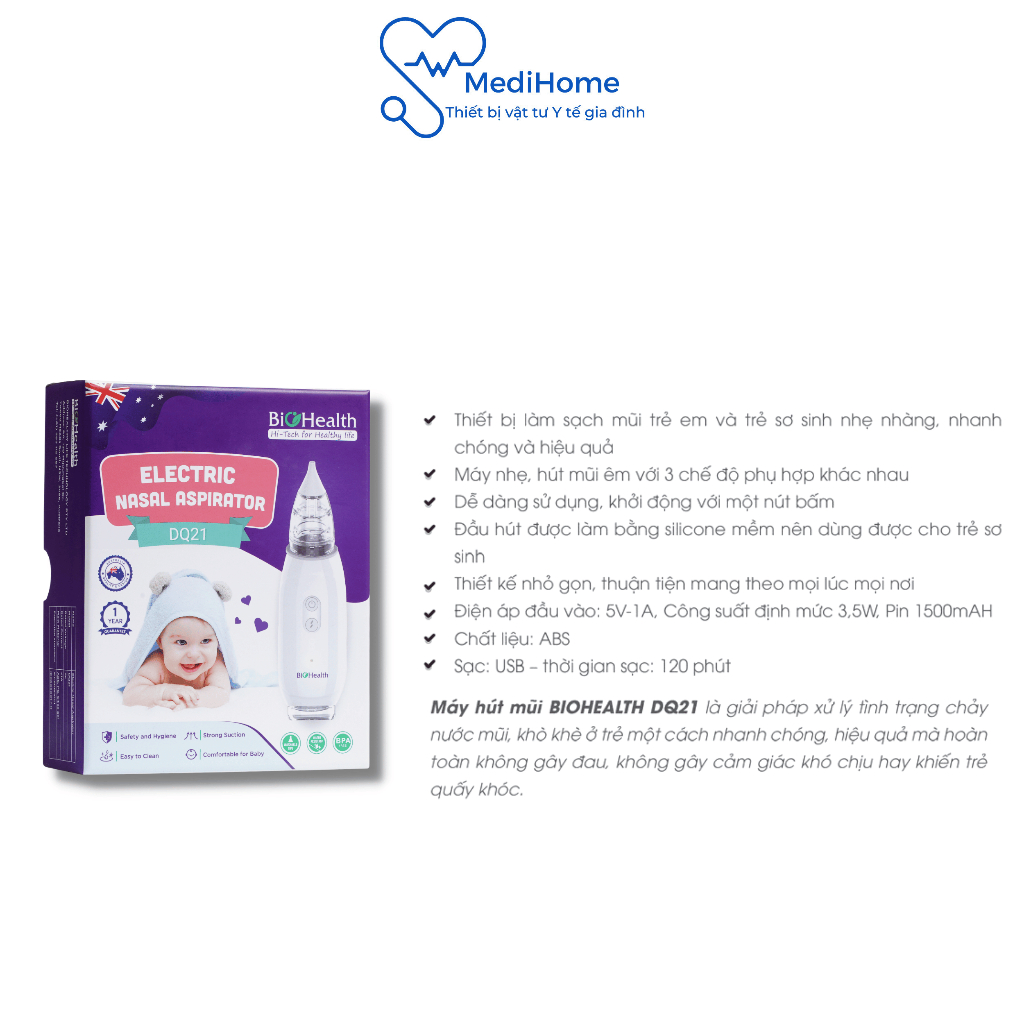 Máy hút mũi, hút dịch đờm cho bé BioHealth DQ21 3 cấp độ êm ái không gây đau - MediHome