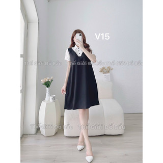Váy bầu Thiết kế đen phối trắng cổ sơ mi công sở văn phòng v15
