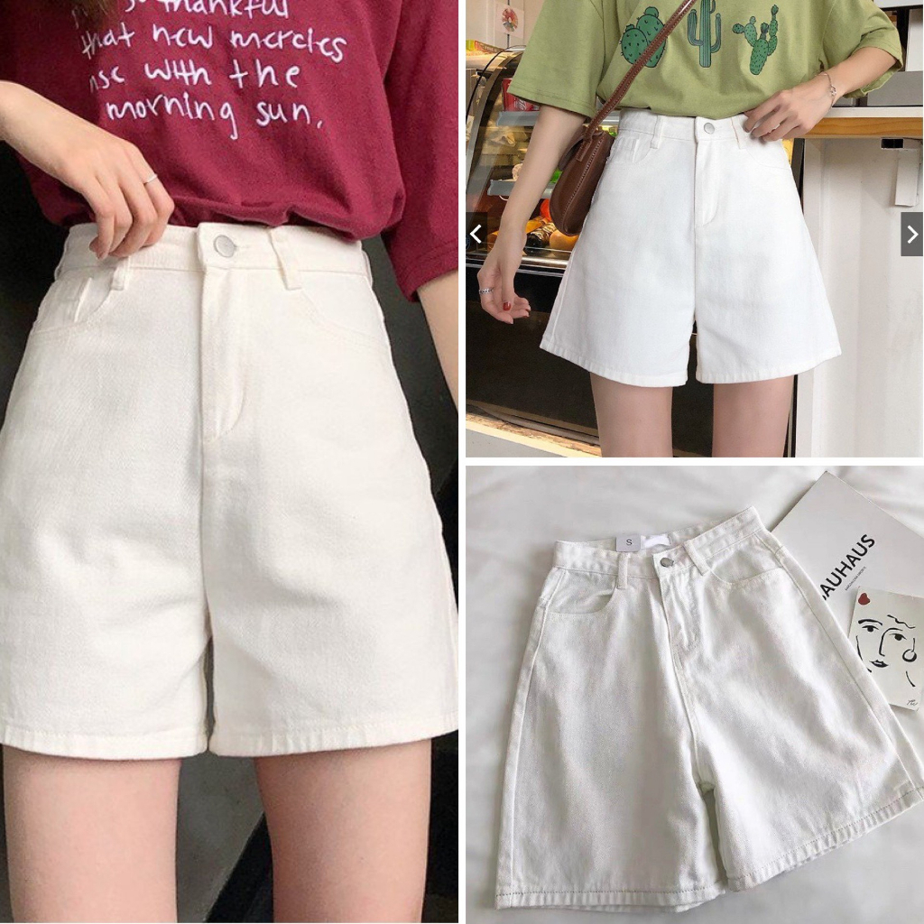 Quần Short Jean Ngố Nữ Màu Trắng Ống Rộng Lưng Cao Basic Chất Bò Phong Cách Ulzzang Hàn Quốc