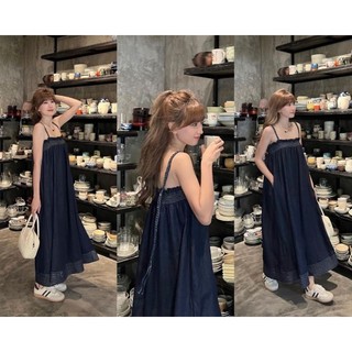 Đầm maxi jean dài dây tết nơ
