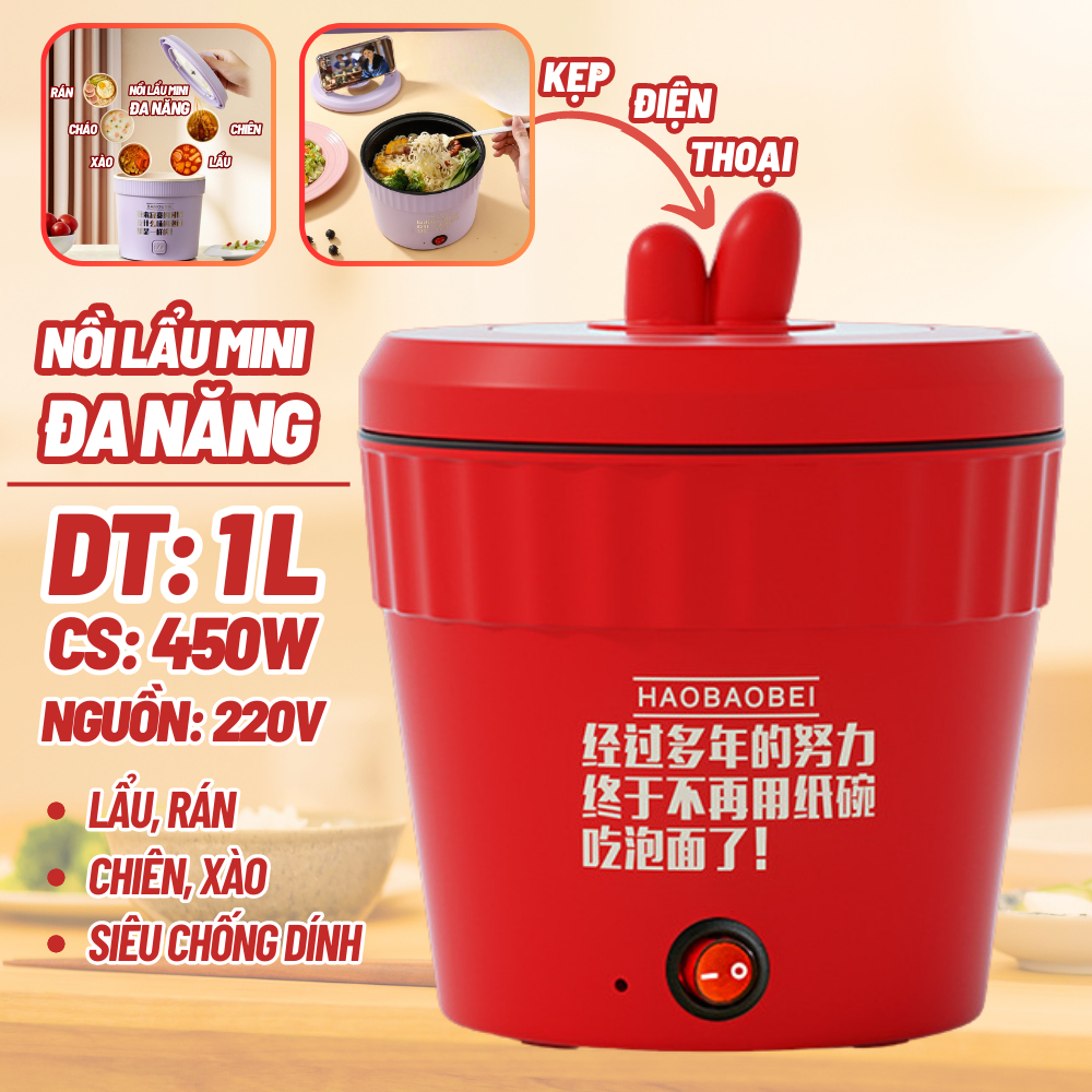 Nồi lẩu điện mini đa năng, ca nấu mì, cốc ăn lẩu Cô Đơn hotrend dung tích 1L công suất 450W phủ chống dính