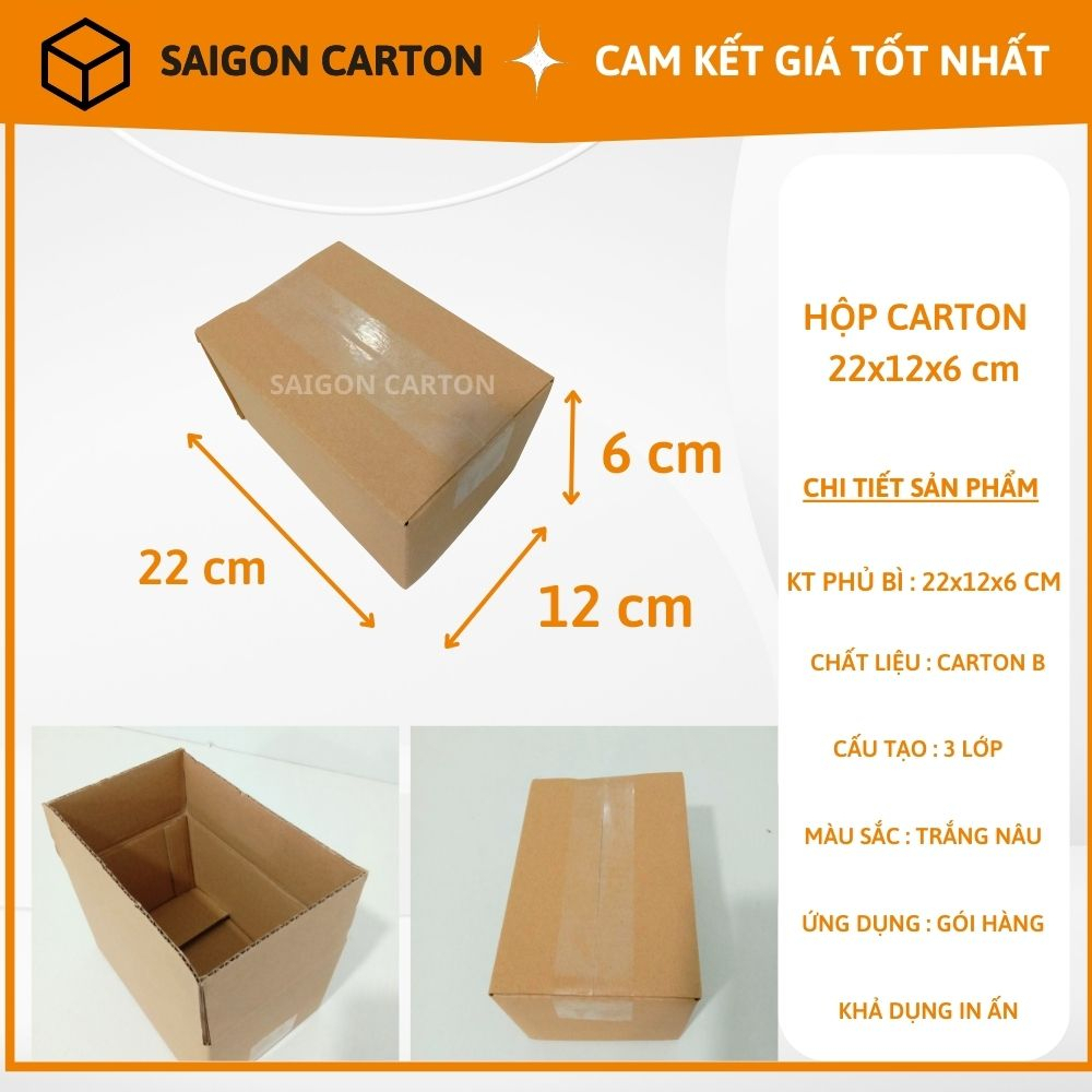 Hộp carton đóng gói hàng cho shop online size 22x12x6 cm - Mua 100 tặng 1 DAO RỌC GIẤY - sản xuất bởi SÀI GÒN CARTON