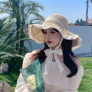 Mũ cói đi biển phối viền ren kèm dây nơ xinh xắn, nón cói đi biển thời trang vintage