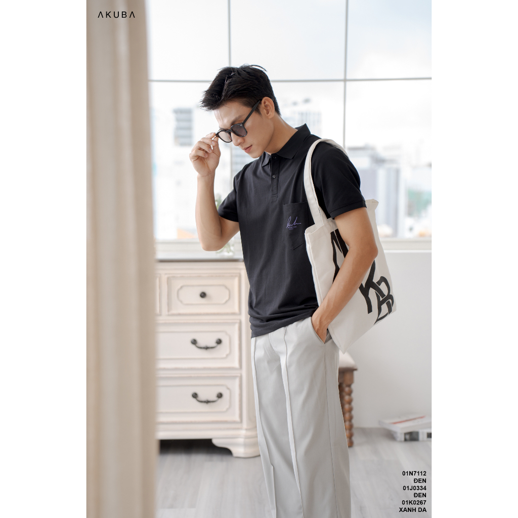 Áo thun Polo nam in chữ cổ bẻ AKUBA form slimfit | 01J0334