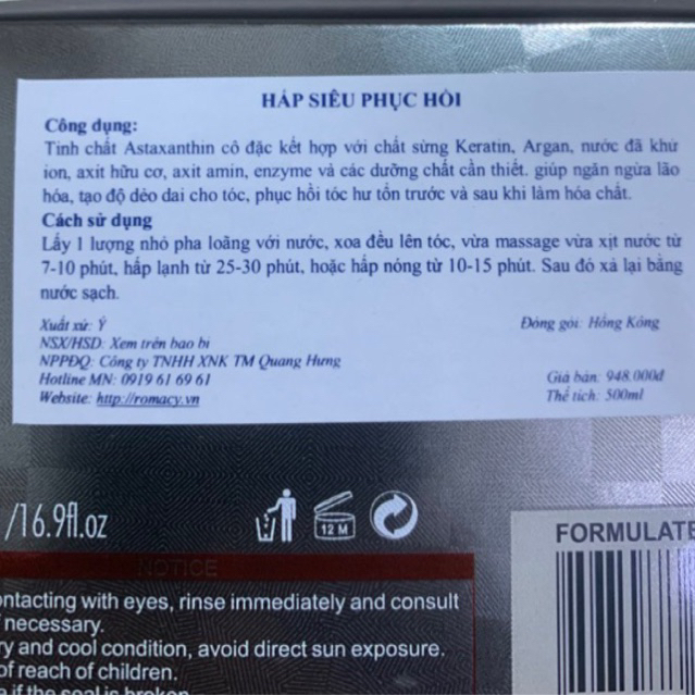 BỘ DẦU GỘI XẢ, HẤP Ủ, DƯỠNG PHỤC HỒI, SUÔN MƯỢT, GIẢM RỤNG ROMACY ASTAXANTHIN ARGAN OIL