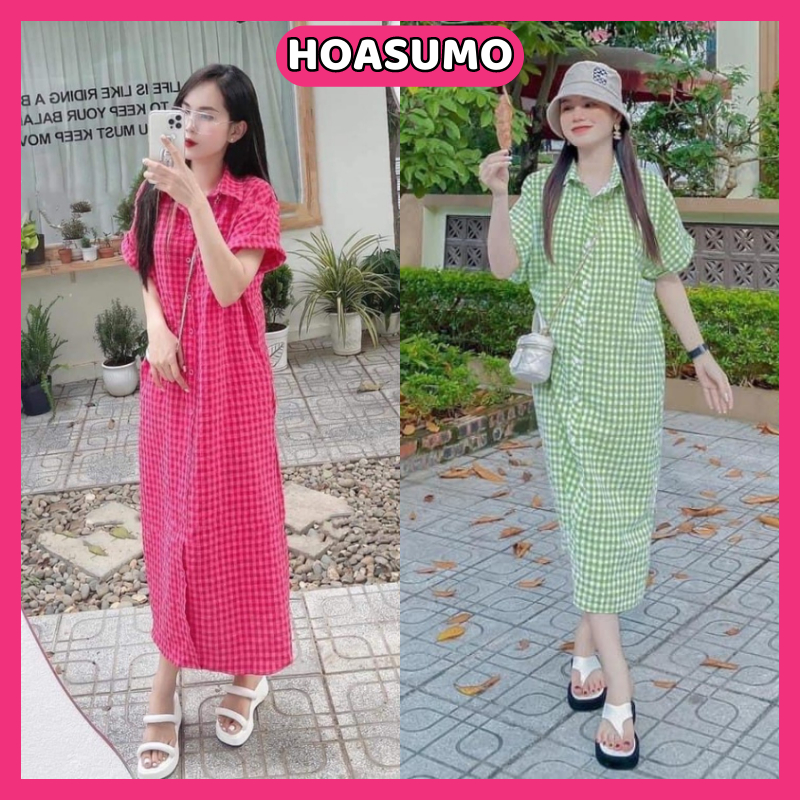 Váy đầm sơ mi kẻ,váy xuông phom rộng hottrend 2023 mã SV151 HOASUMO