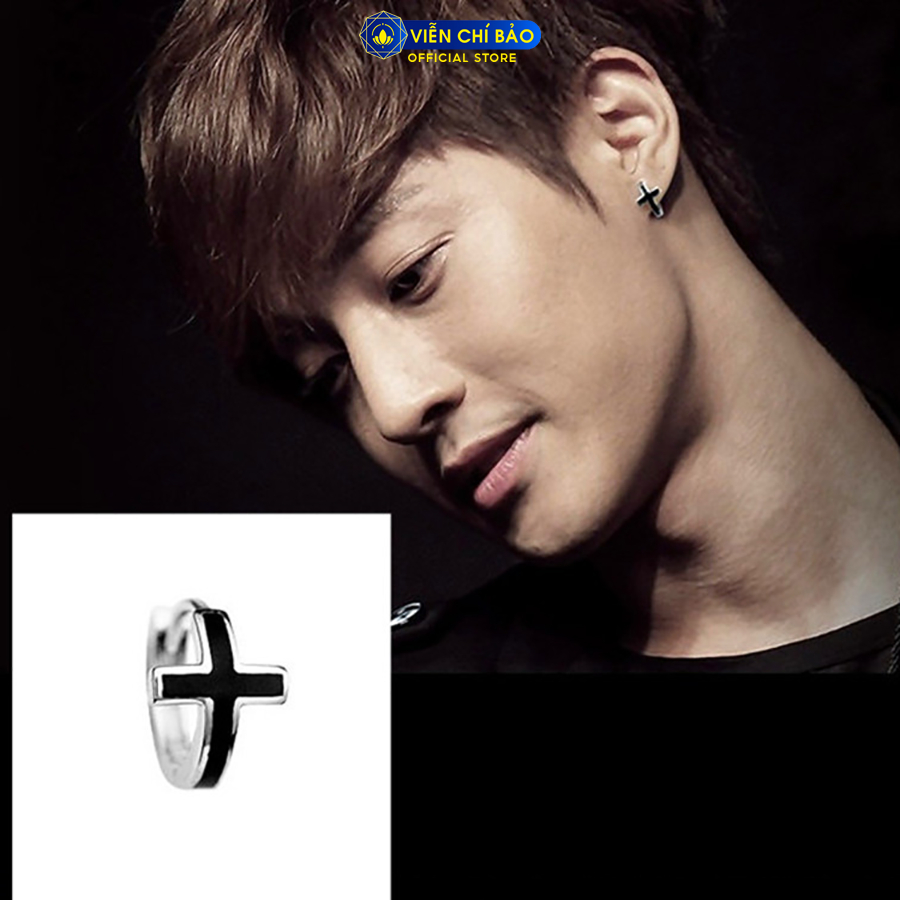 Bông tai bạc unisex chữ thập trơn đen chất liệu bạc 925 thời trang phụ kiện trang sức nữ Viễn Chí Bảo B100033