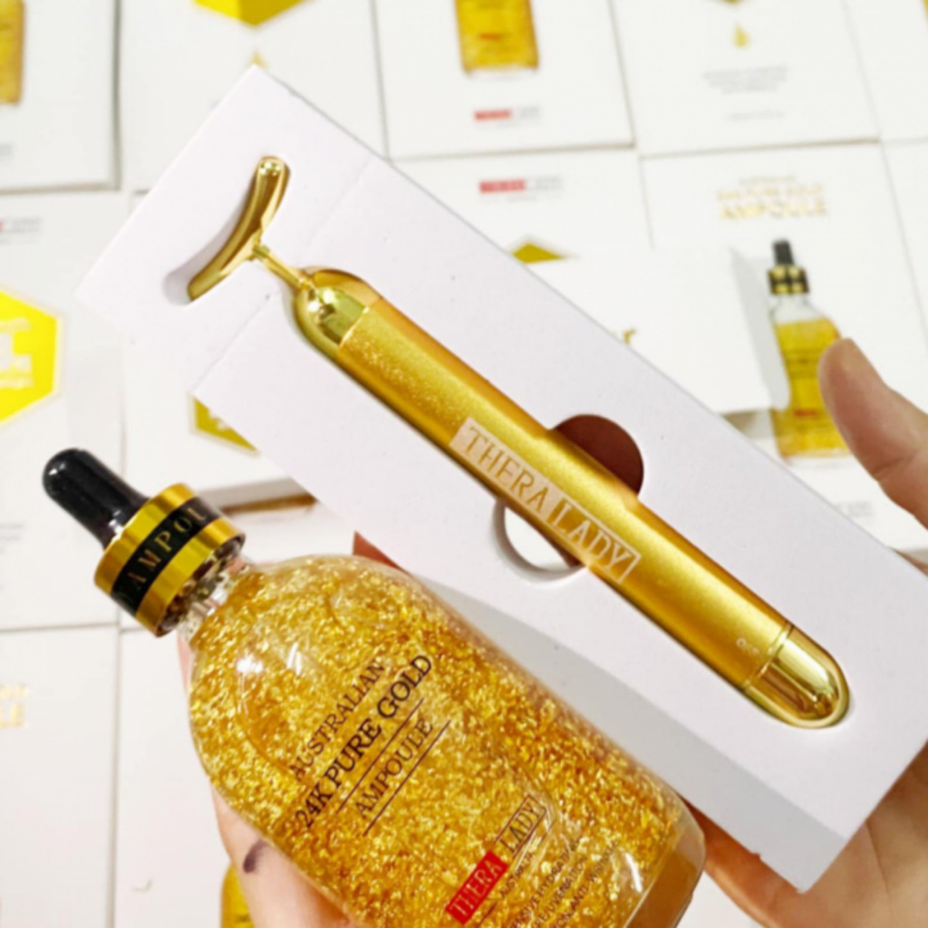 Combo serum vàng Úc 24k Pure Gold Ampoule và thanh lăn tinh chất