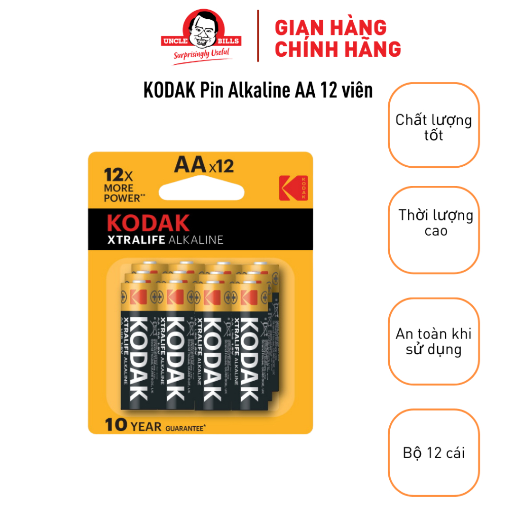Bộ 12 Pin Kodak Alkaline AA Điện Thế 1.5V Chính Hãng Nhập Khẩu Uncle Bills IB0219