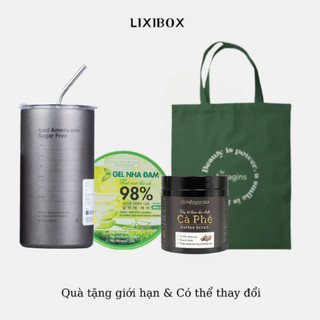 Combo ly giữ nhiệt, túi tote, gel dưỡng ẩm nha đam, tẩy tế bào chết
