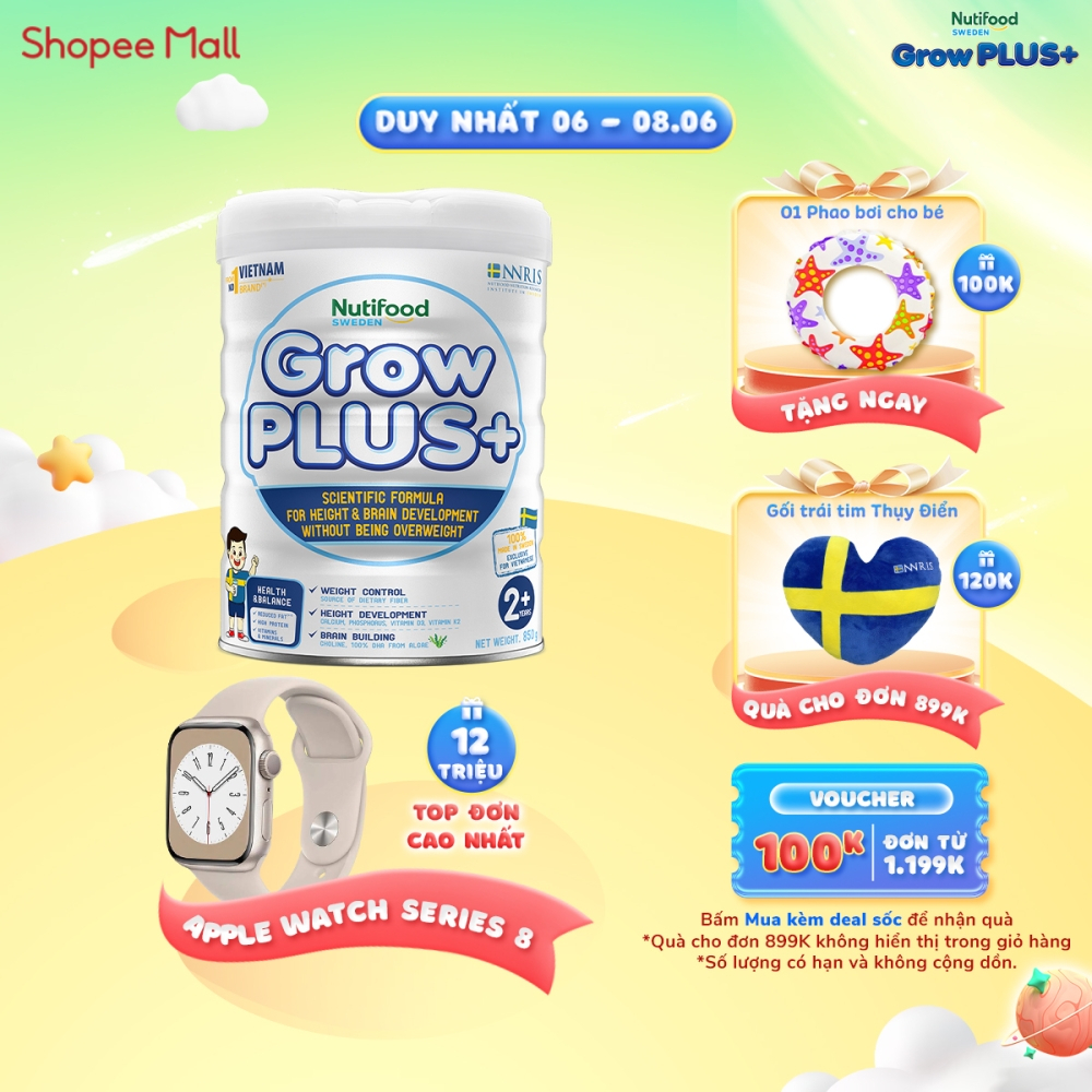 Sữa Bột Nutifood GrowPLUS+ Kiểm Soát Cân Nặng 850g - Trên 2 Tuổi - Cao Lớn, Thông Minh Vượt Trội (850g)