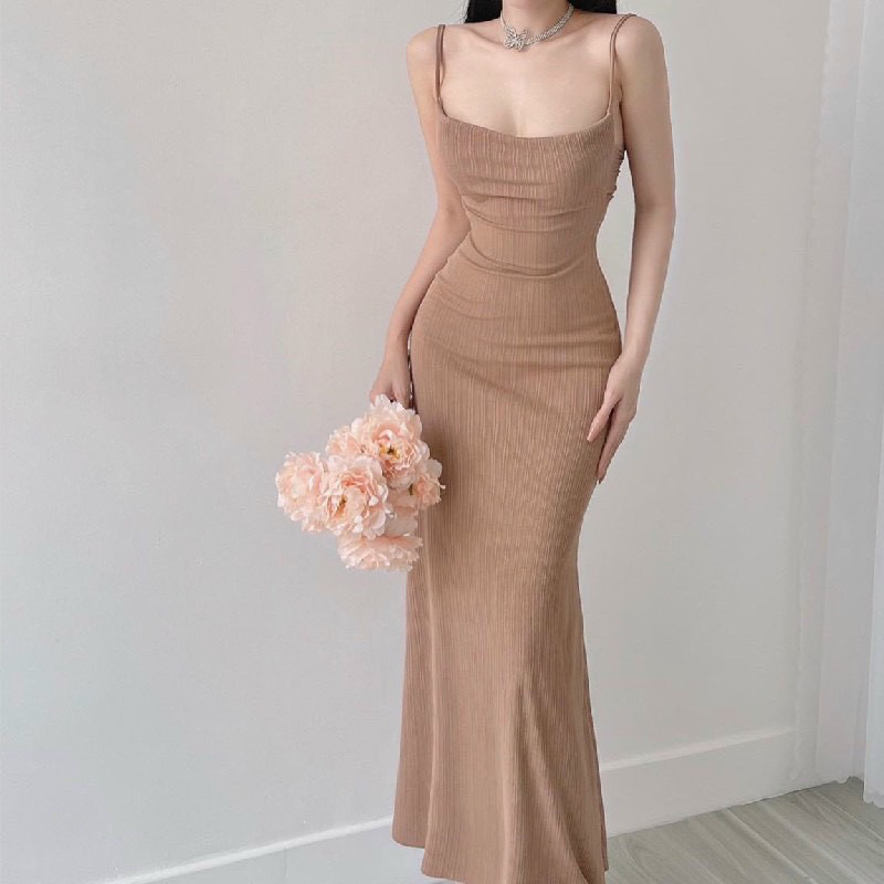 Đầm Body 2Dây Dáng dài đuôi cá hở lưng buột nơ xinh xắn cho các bạn nữ(có mút ngực)