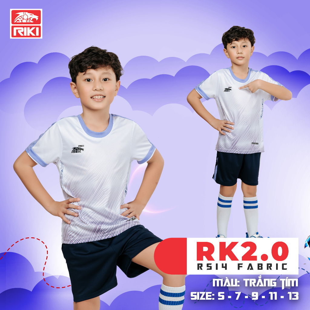 Đồ đá banh không logo trẻ em RIKI RK 2.0 2023 màu trắng tím CÓ IN tên số theo yêu cầu