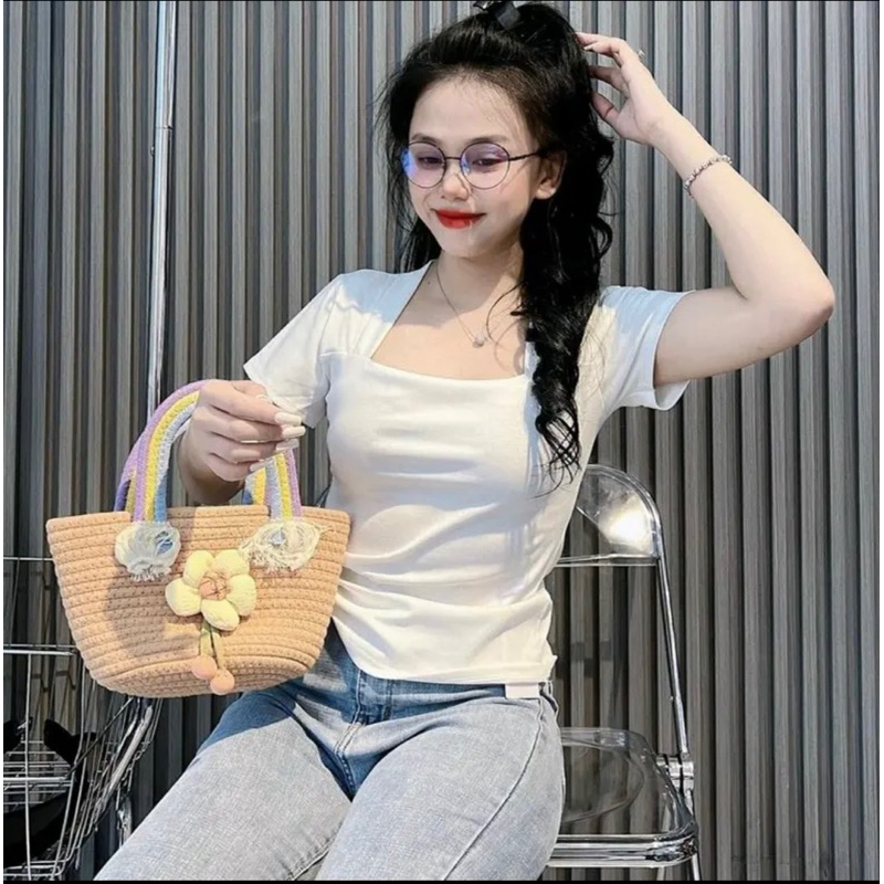 Áo thun body tay ngắn cổ vuông chữ A787