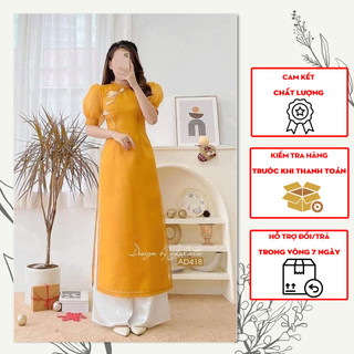 Áo Dài Cách Tân Màu Vàng, thiết kế vải voan tơ Cổ Xếp Ly, Vai Bồng, Đắp Hoa Trắng Điệu Đà Siêu Xinh Trước Ngực