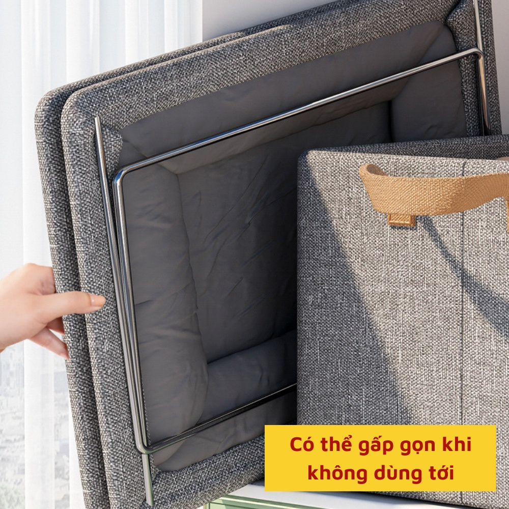 Hộp vải đựng quần áo có khung cố định thiết kế gấp gọn tiện lợi giúp tiết kiệm không gian nhà ở.