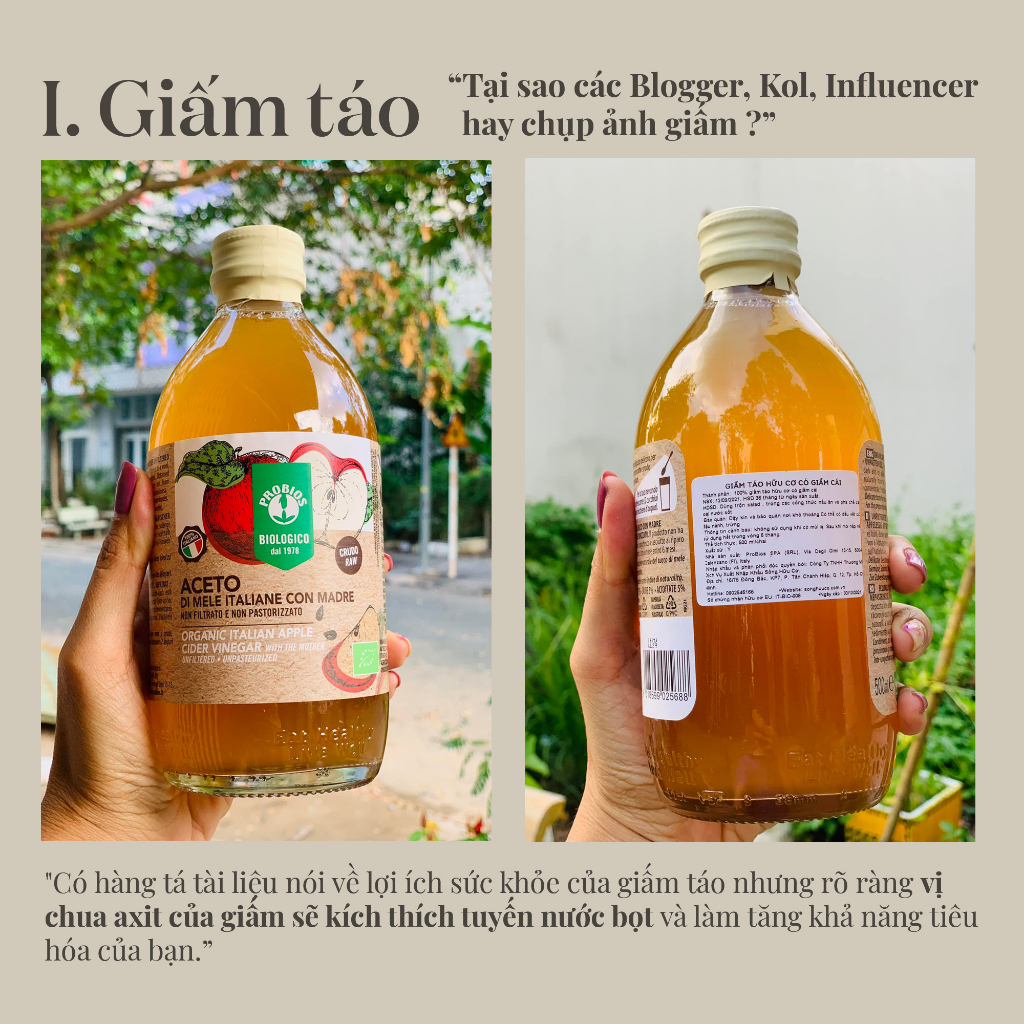 Giấm táo hữu cơ organic italian apple cinder vinegar Probios with Mother chai 500ml không tấy trắng, có giấm cái