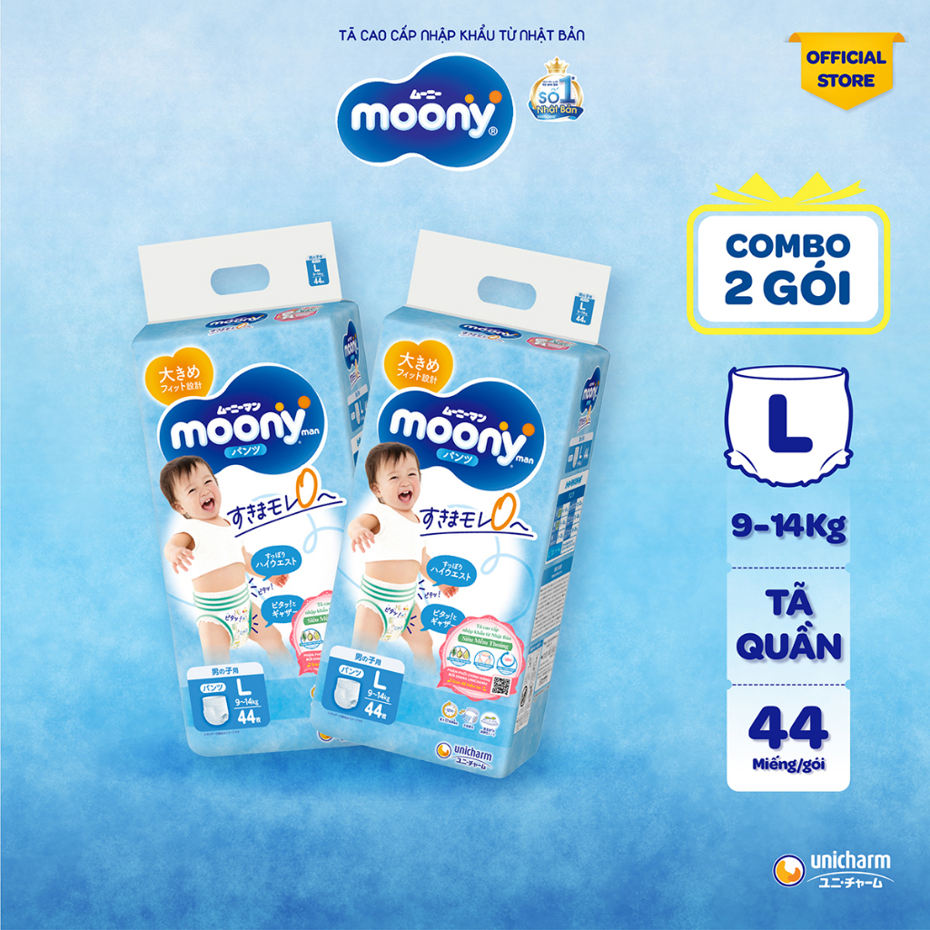 V Bộ 2 Tã quần cao cấp Moony Bé Trai L44 XL38 XXL26 - Nhập khẩu Nhật Bản